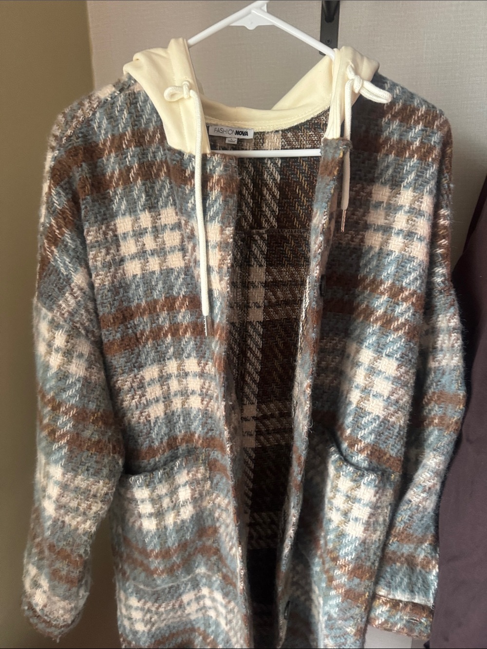 Fashion Nova Plaid Hooded Open Cardigan - Blue, Brown, Cream